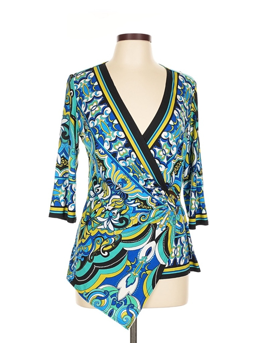 Joseph Ribkoff Blue Green Multi-Print Wrap Blouse